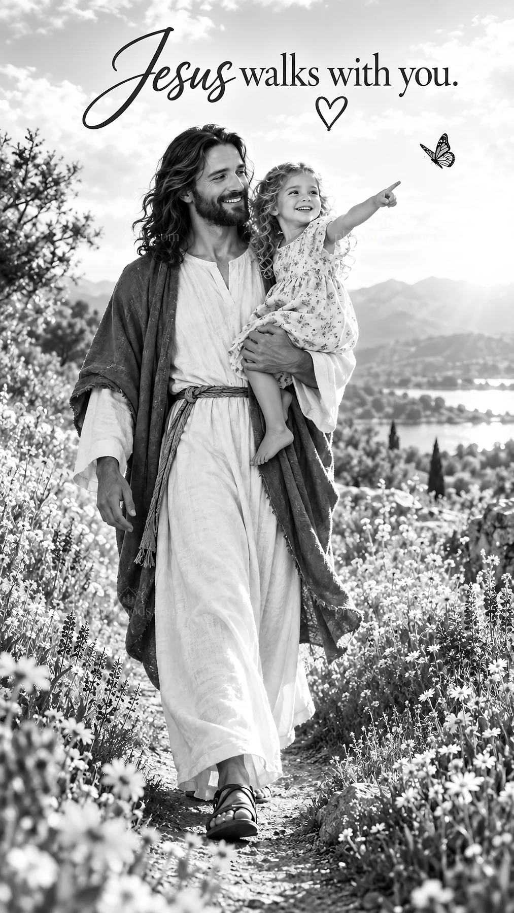 Jesus Christ walks with a child in nature - AI-generated stock image