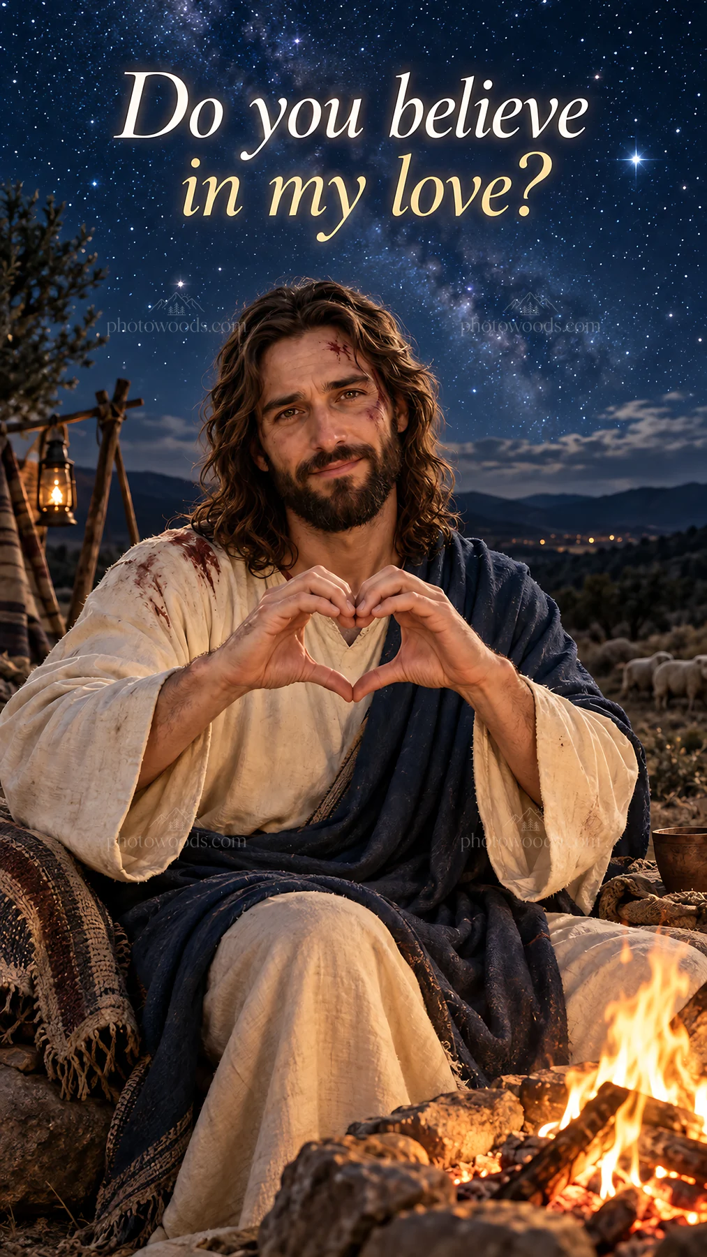 Jesus Christ sharing love by the fire in a nighttime setting - AI-generated stock image