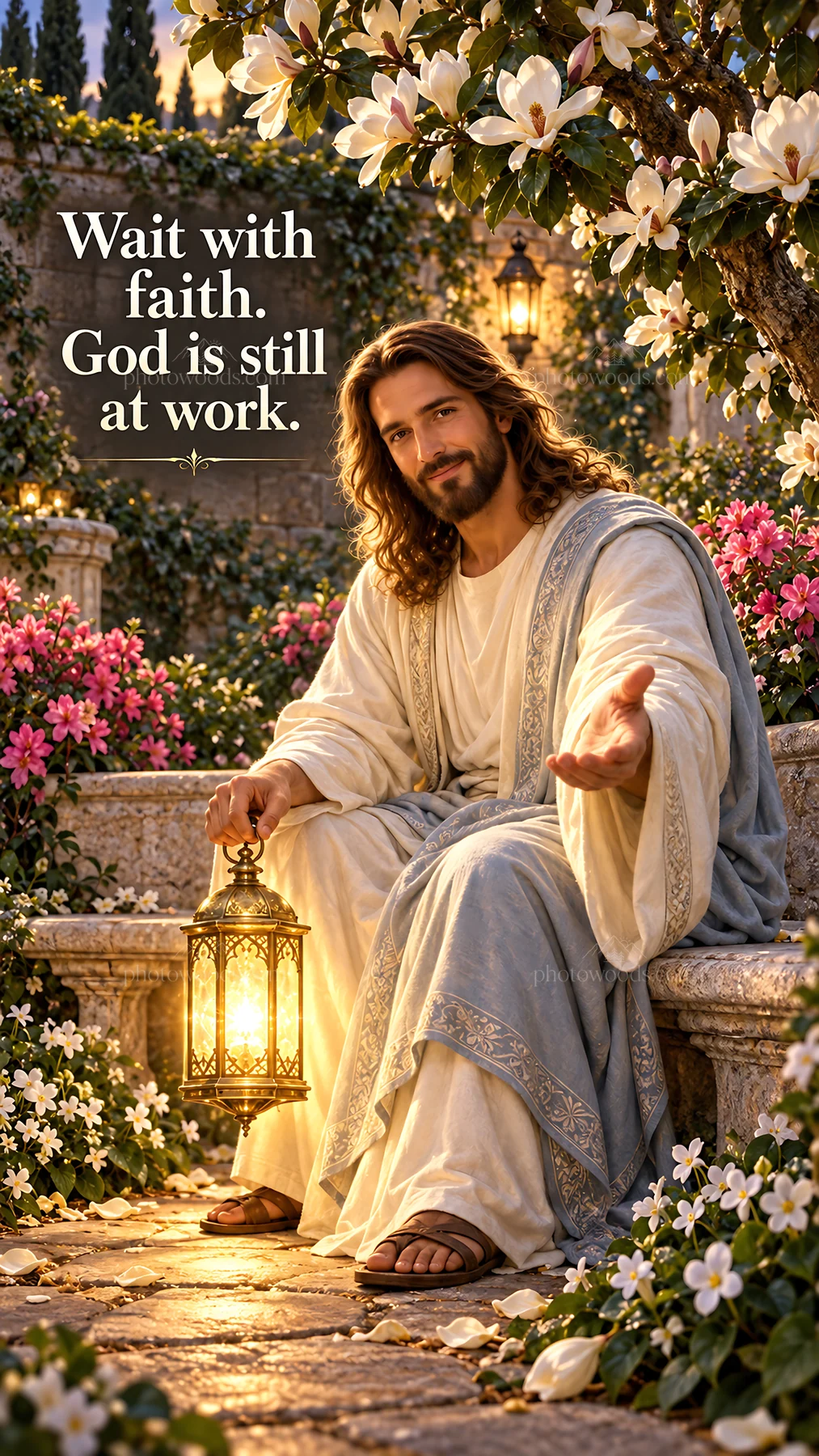 Jesus Christ welcoming viewer with lantern in a garden - AI-generated stock image