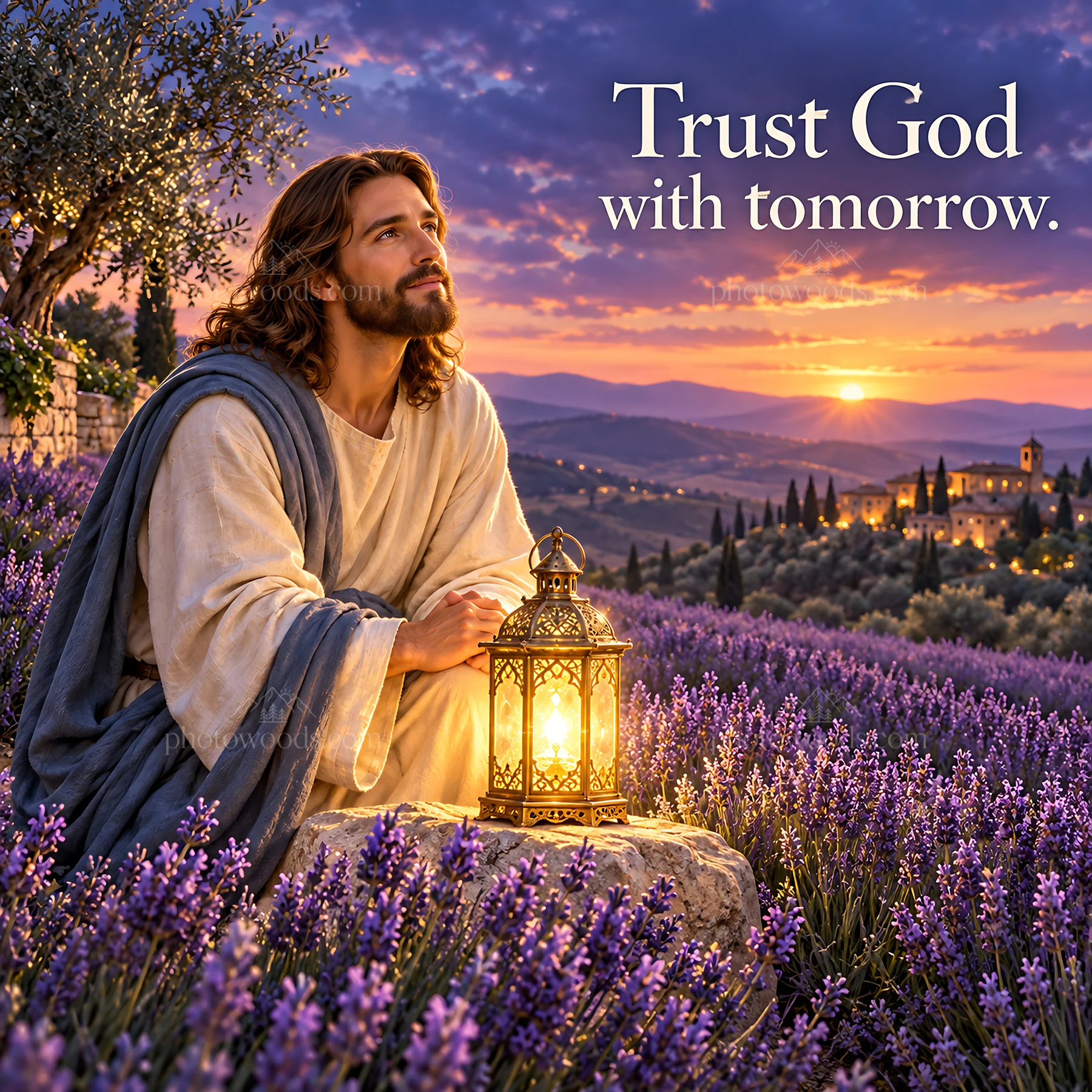 Jesus Christ sitting in lavender fields during sunset - AI-generated stock image