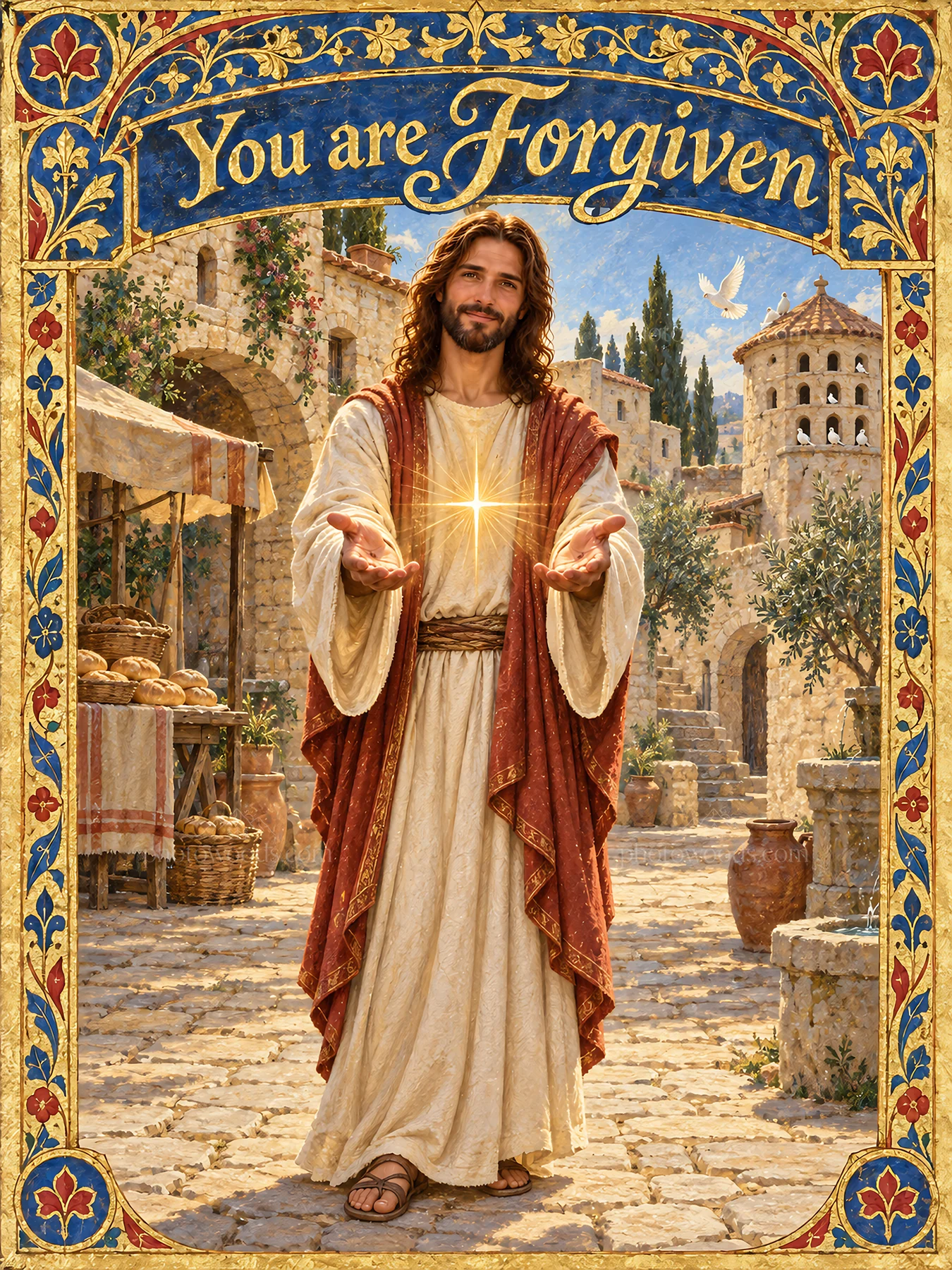 Jesus Christ offering forgiveness in a market setting - AI-generated stock image