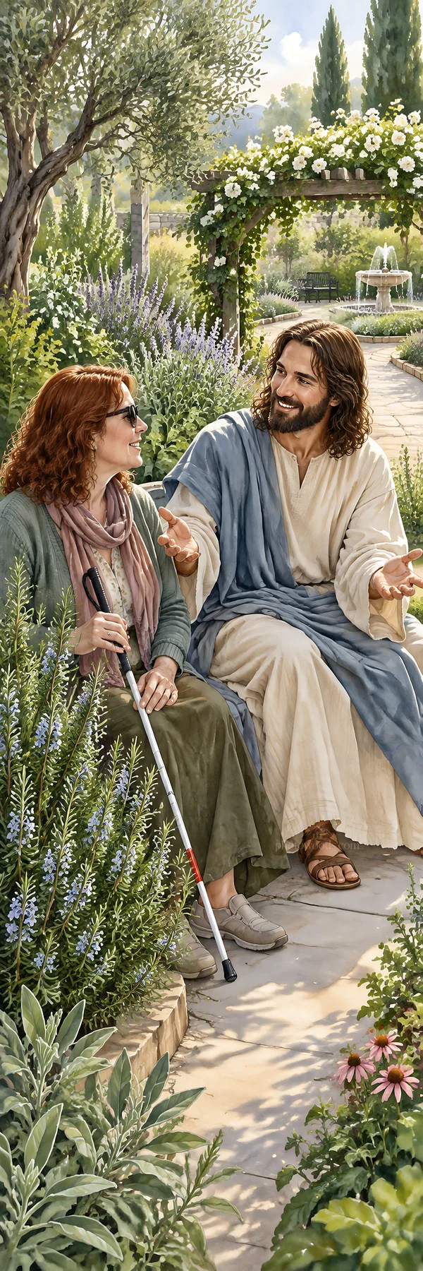 Jesus Christ sharing wisdom in a garden with a woman - AI-generated stock image