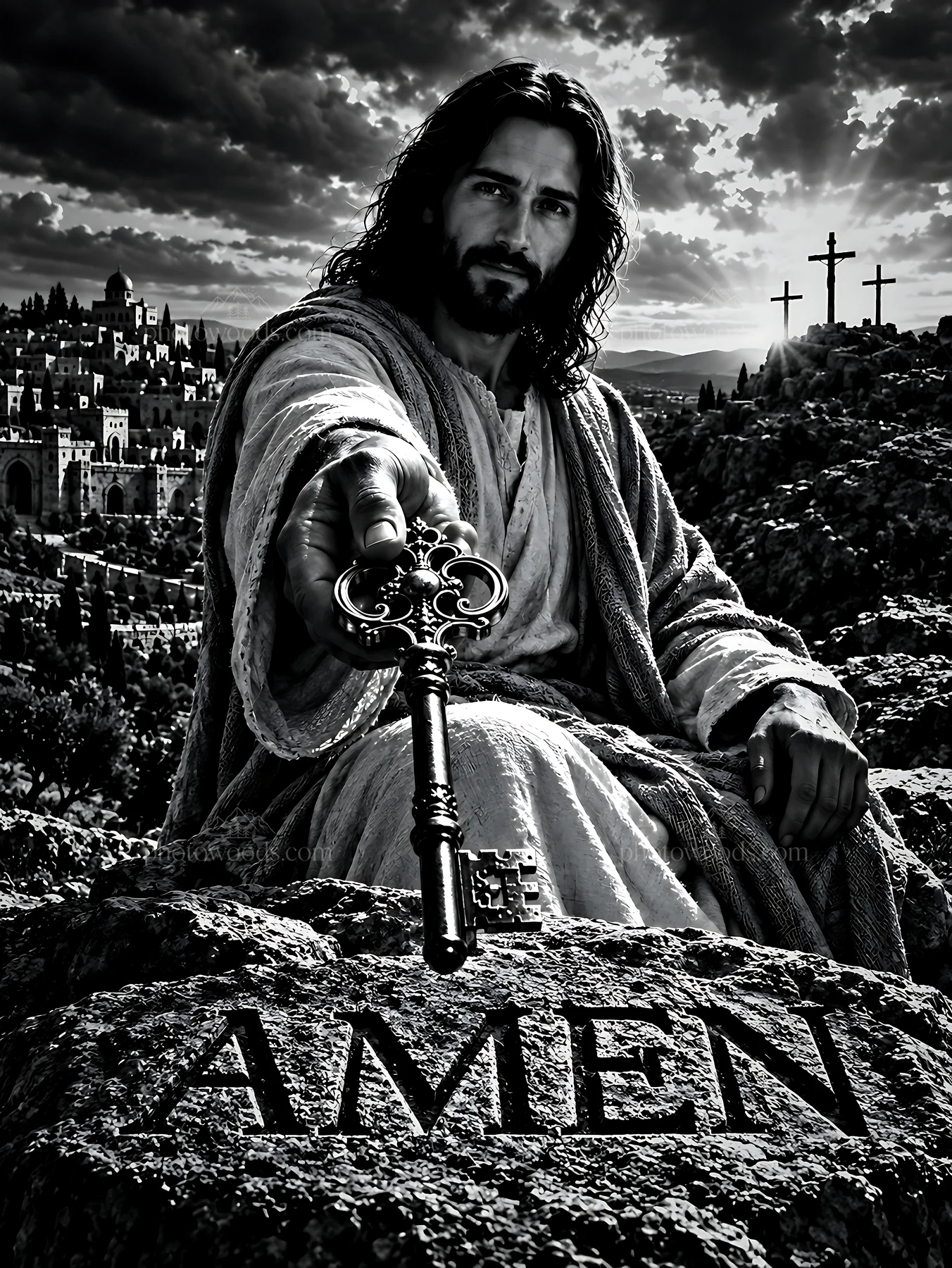 Figure holding a key at the Hill of Mercy with crosses in background - AI-generated stock image
