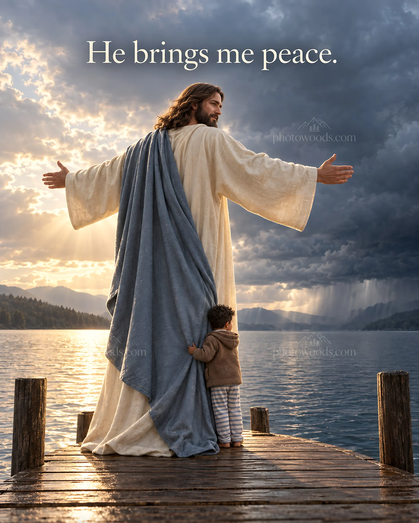 Jesus Christ brings peace while comforting a child - AI-generated stock image