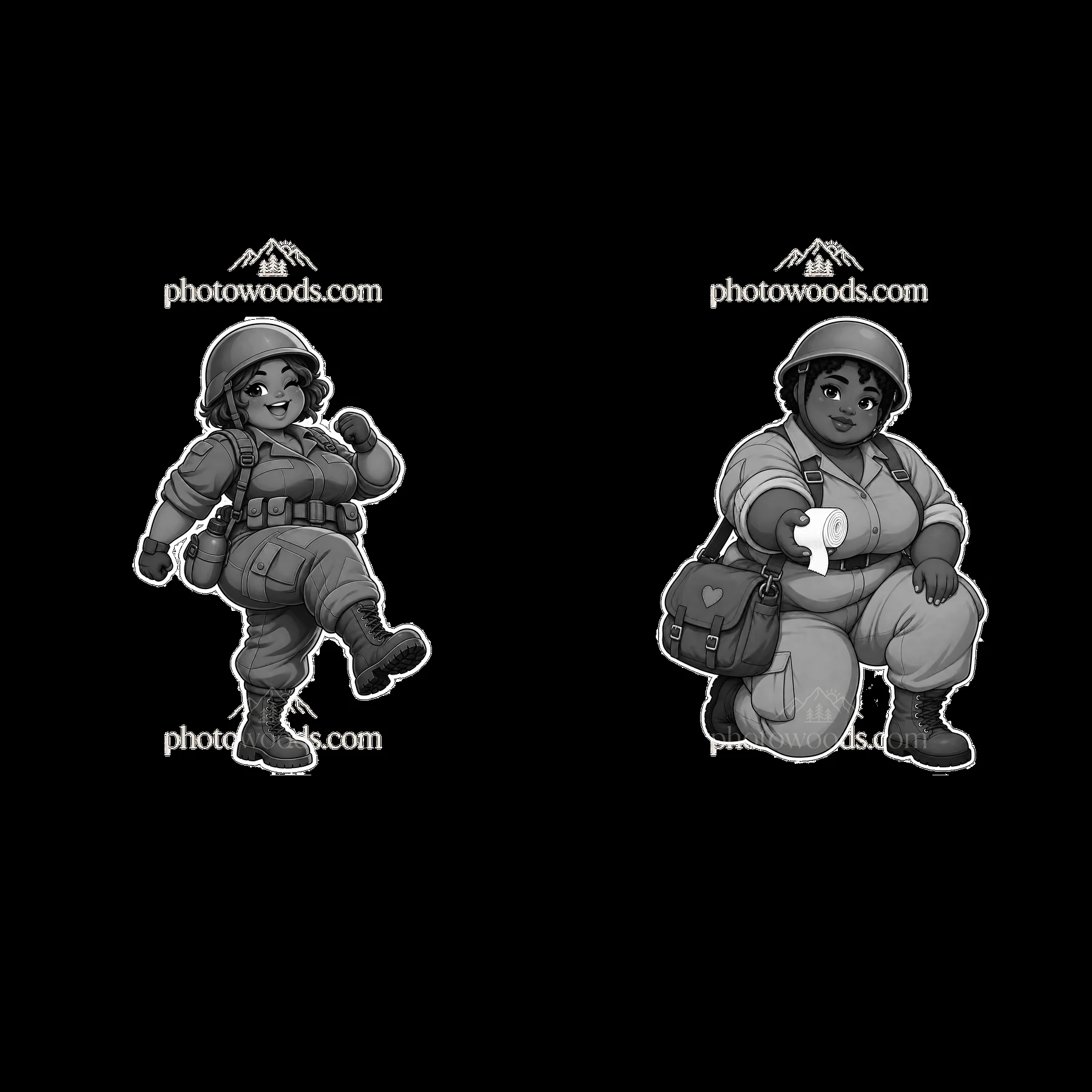 Cute ultra-chubby soldier stickers in playful poses - AI-generated stock image