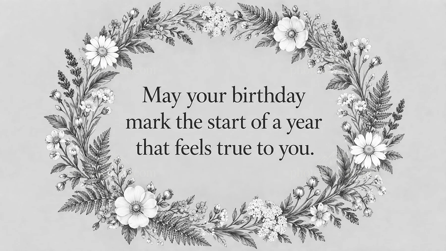 Monochrome Floral Birthday Greeting Card - AI-generated stock image