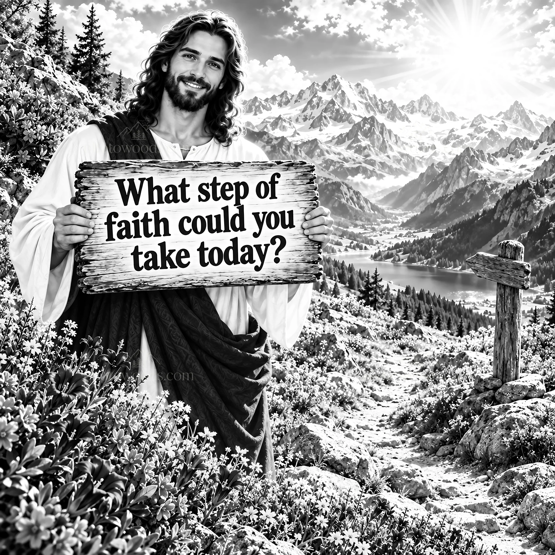 Jesus Christ holding a sign in a mountain landscape - AI-generated stock image