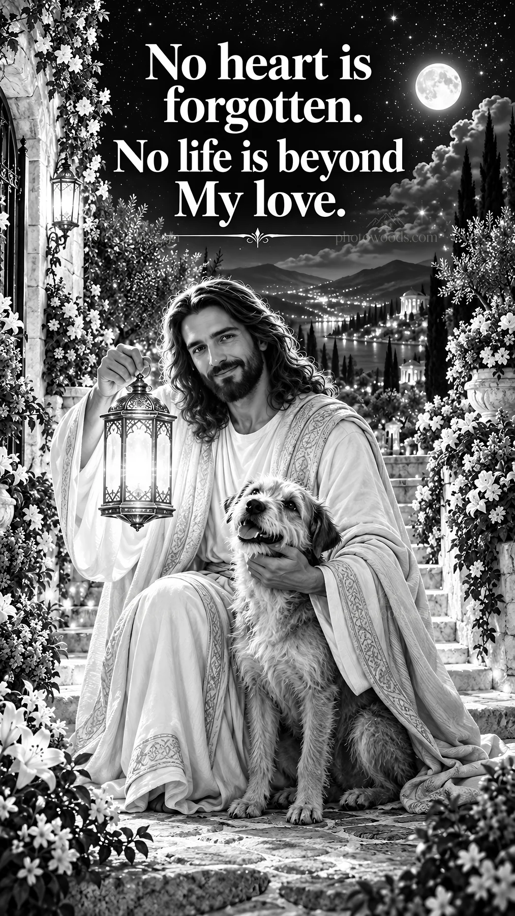 Jesus Christ with dog in peaceful garden setting - AI-generated stock image