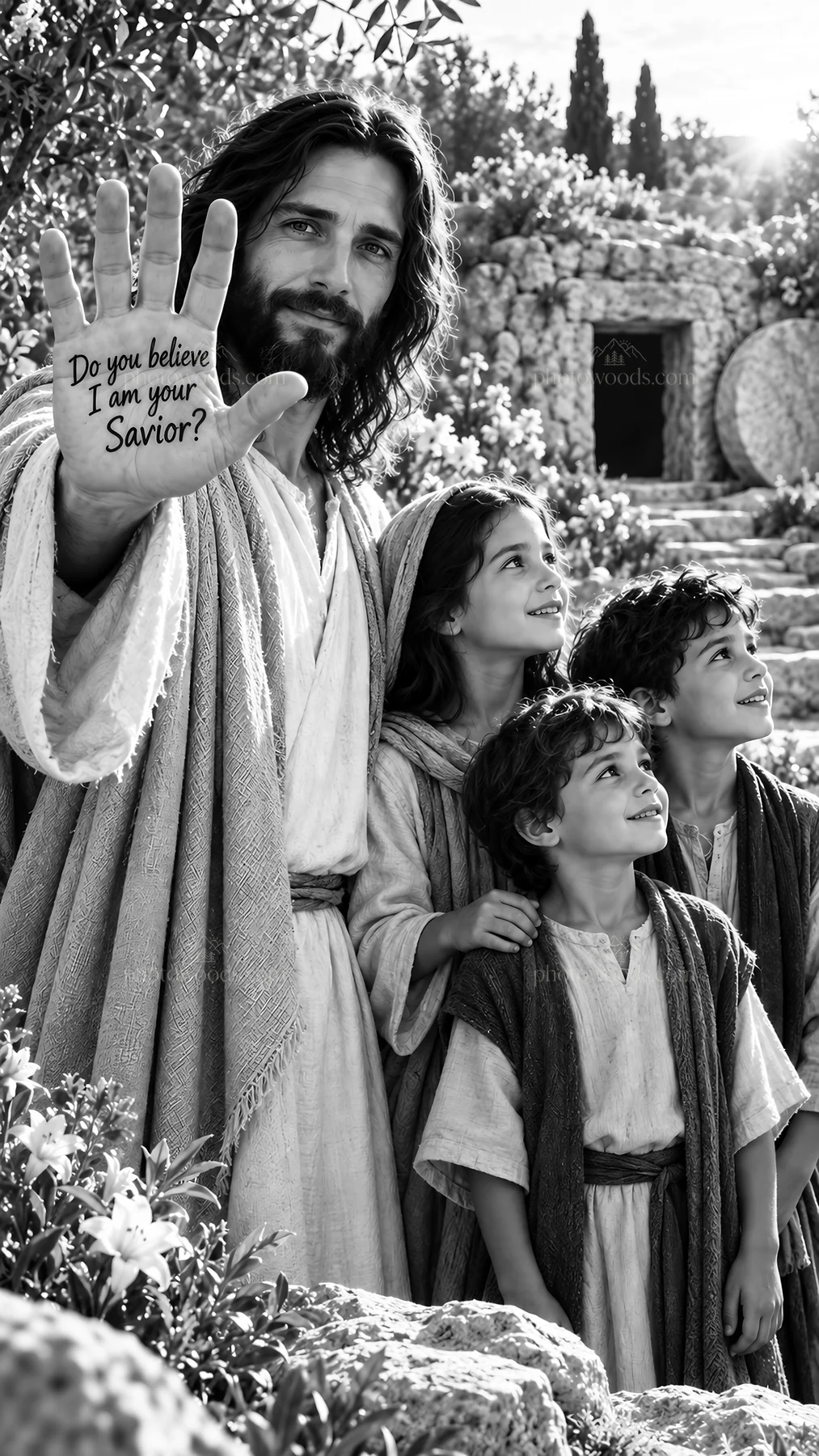 Jesus Christ with children asking if they believe in Him - AI-generated stock image