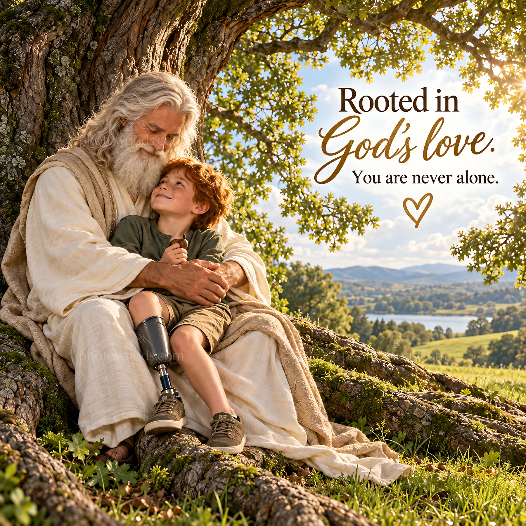 Jesus Christ comforts a boy under a tree in a peaceful setting - AI-generated stock image