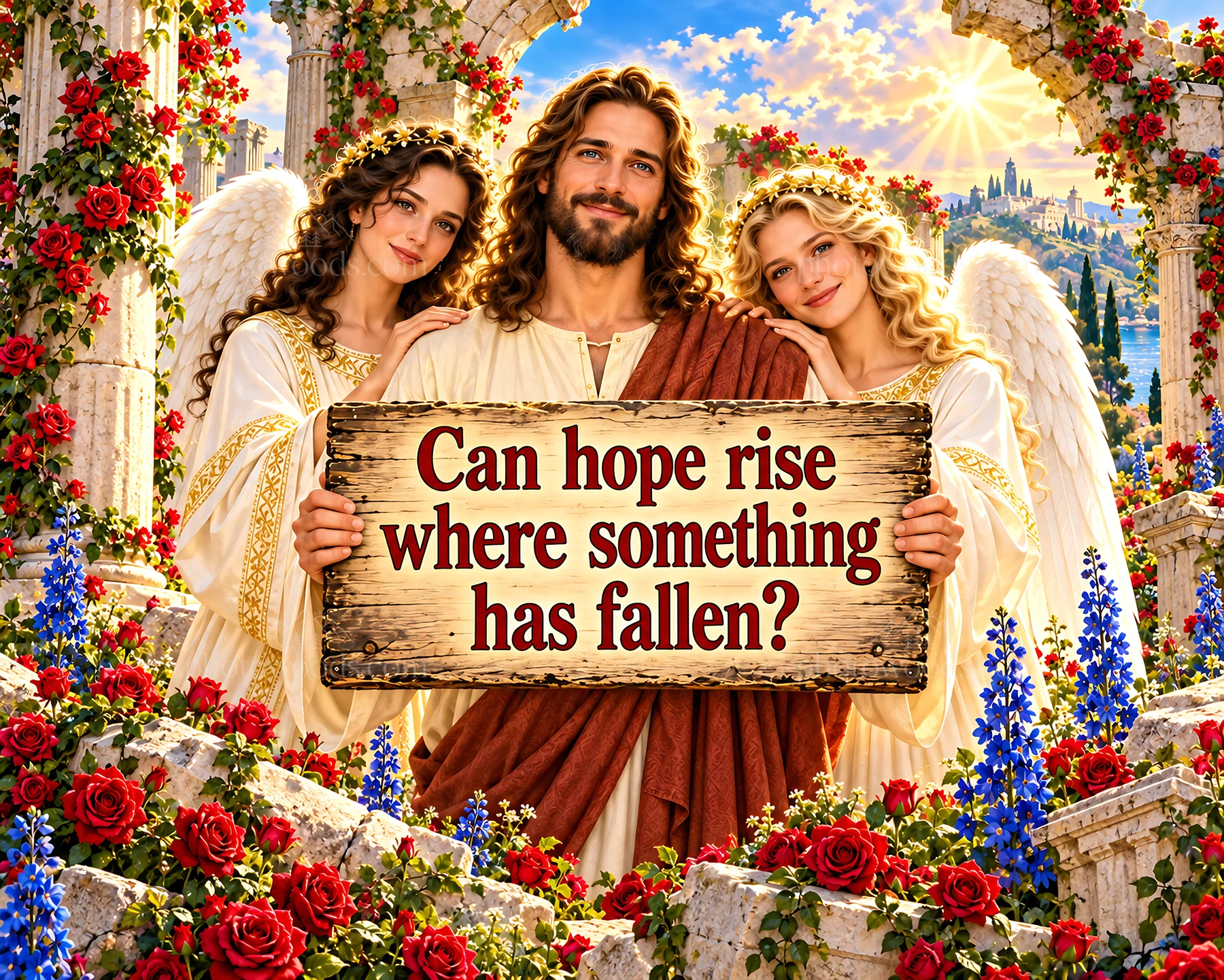 Jesus Christ sharing a message of hope with two angels - AI-generated stock image