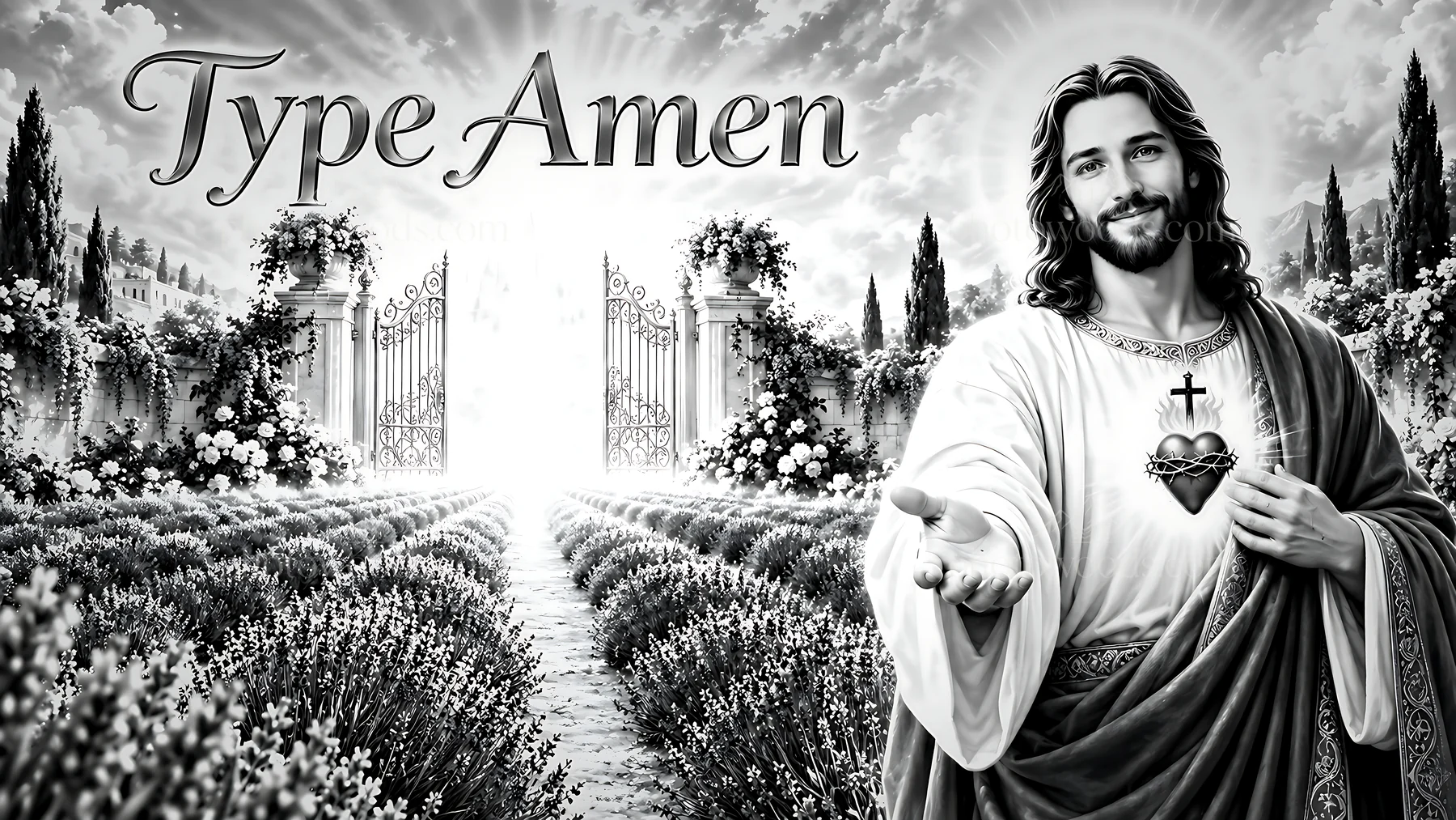 Lavender horizon with a figure in a religious context - AI-generated stock image