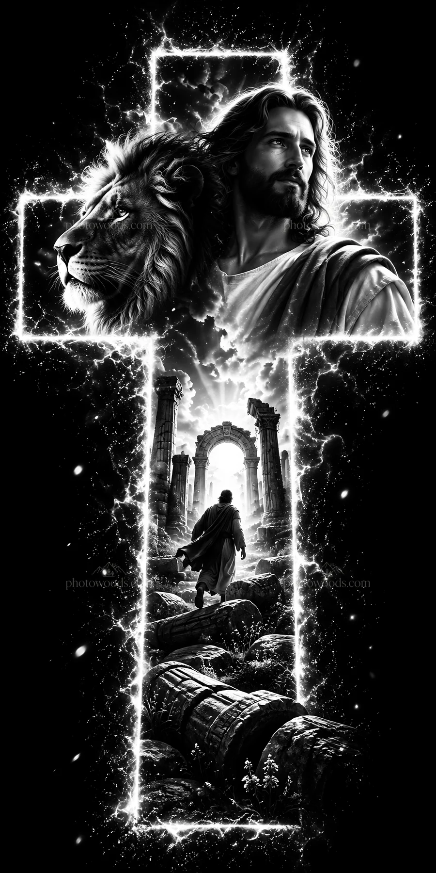 Jesus Christ with a lion and a pathway through ancient ruins - AI-generated stock image
