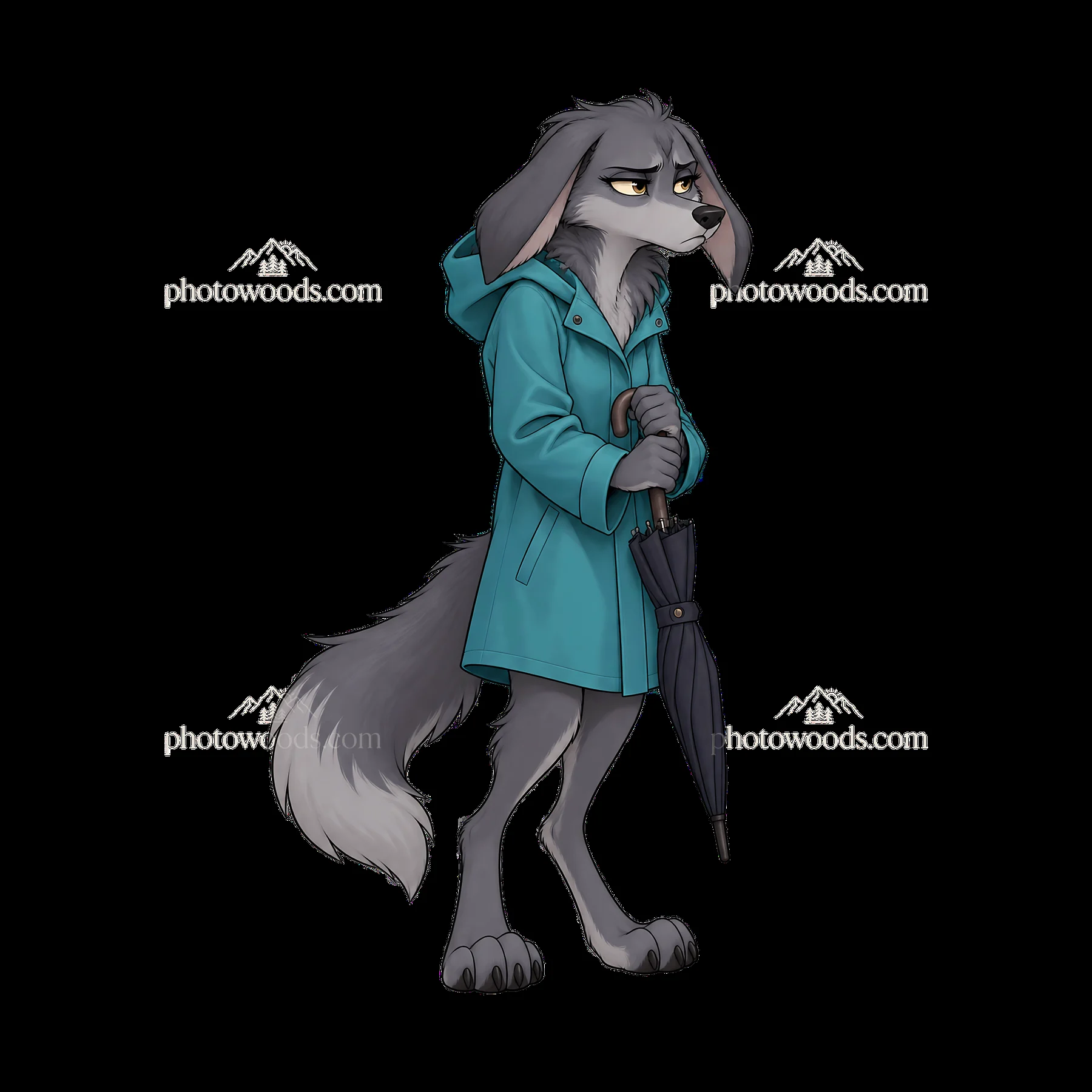 Grumpy wolf in a blue raincoat holding an umbrella - AI-generated stock image