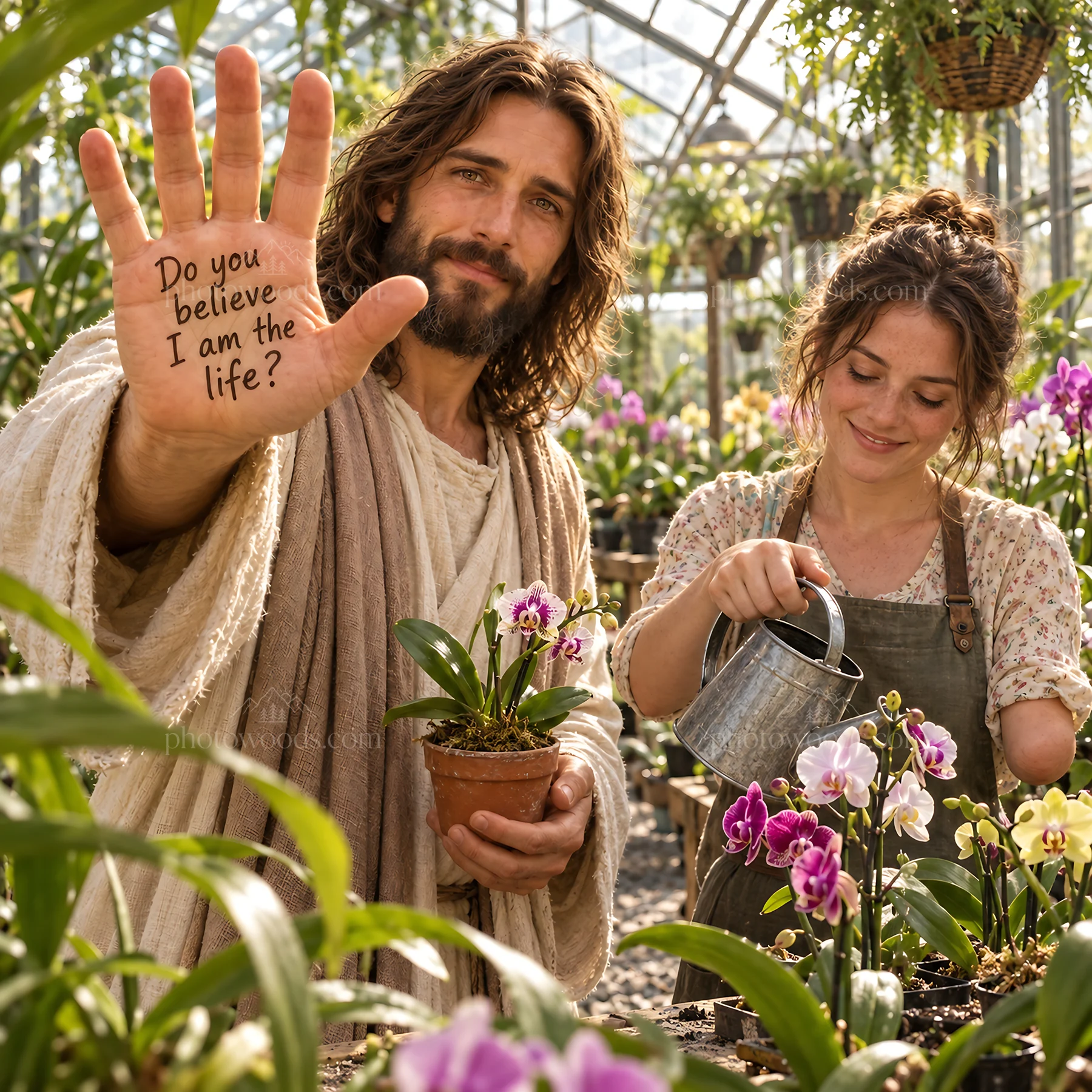 Jesus Christ sharing a message of faith in a greenhouse - AI-generated stock image