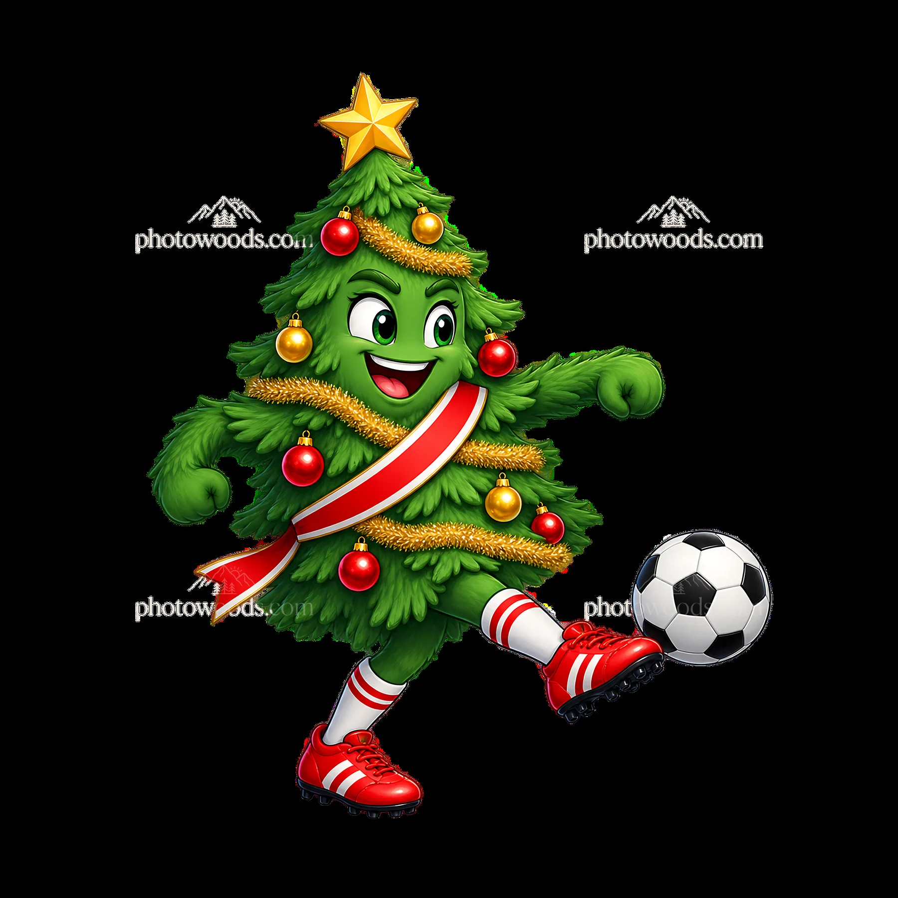 Christmas tree character kicking a soccer ball on a festive field - AI-generated stock image
