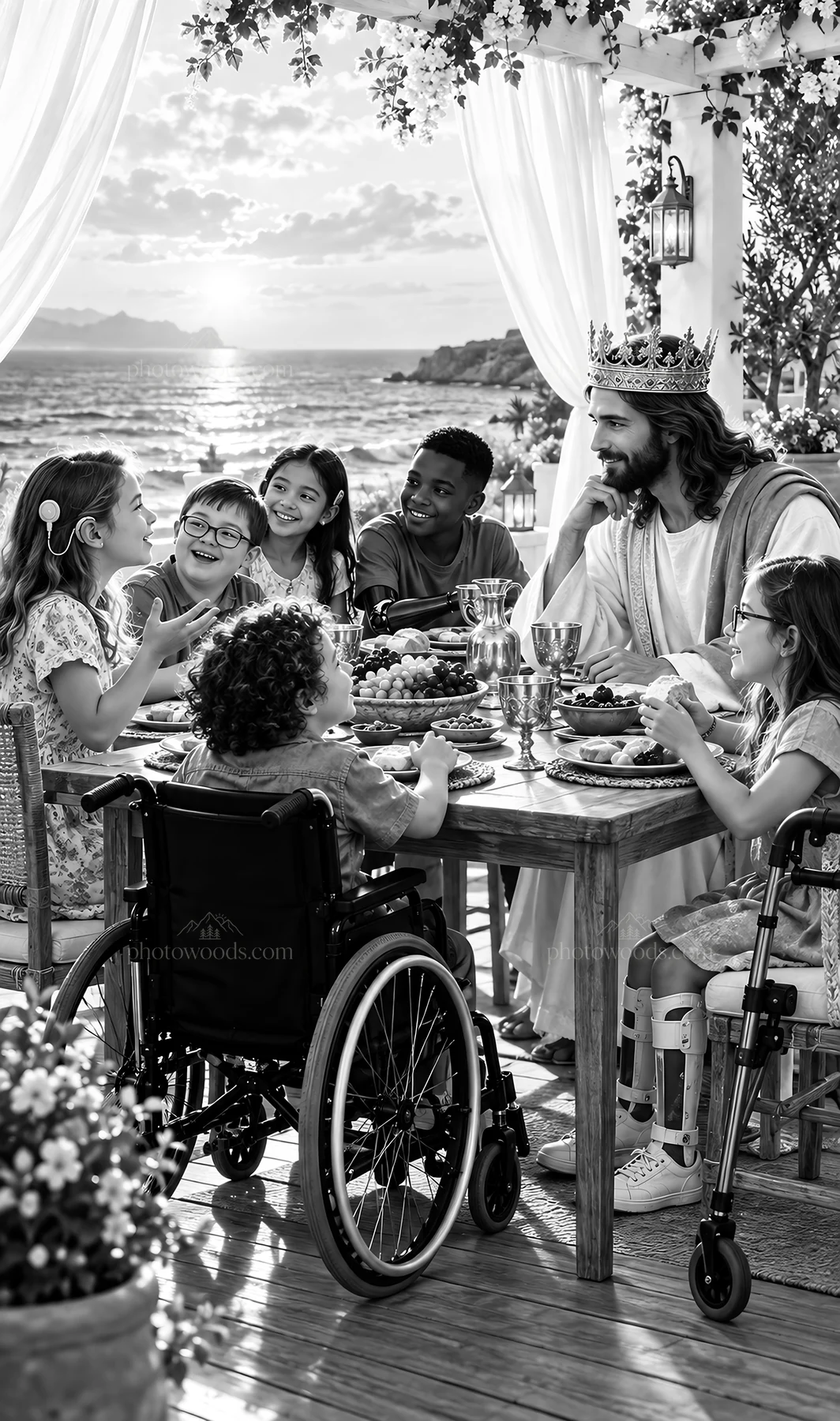 Jesus Christ sharing a meal with children by the sea - AI-generated stock image