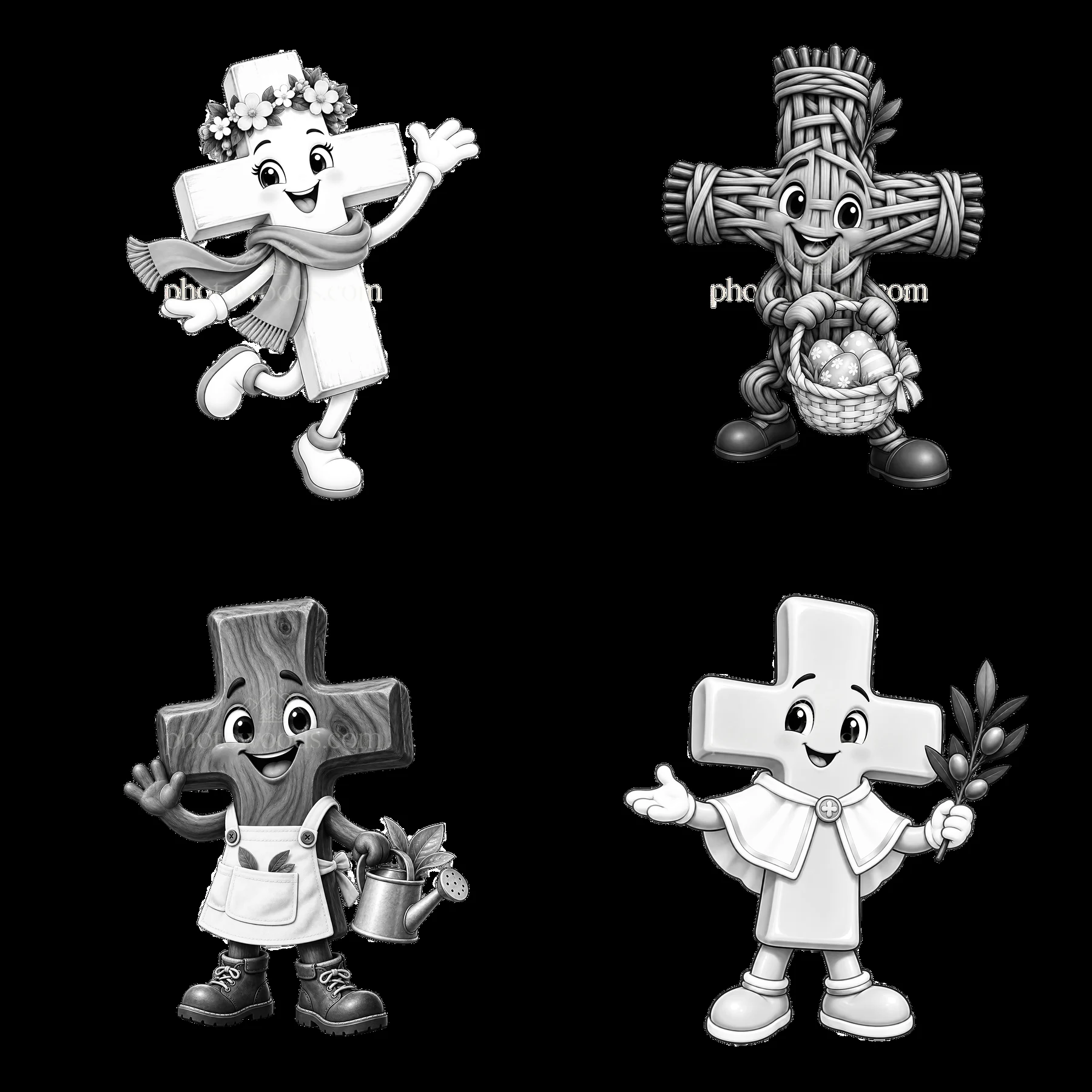 Easter cross cartoon characters in a 2x2 grid design - AI-generated stock image