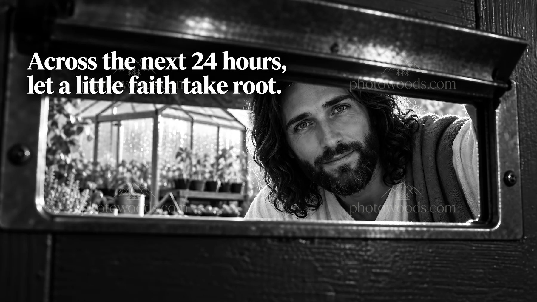 Jesus Christ looking through a door welcoming viewers in faith - AI-generated stock image