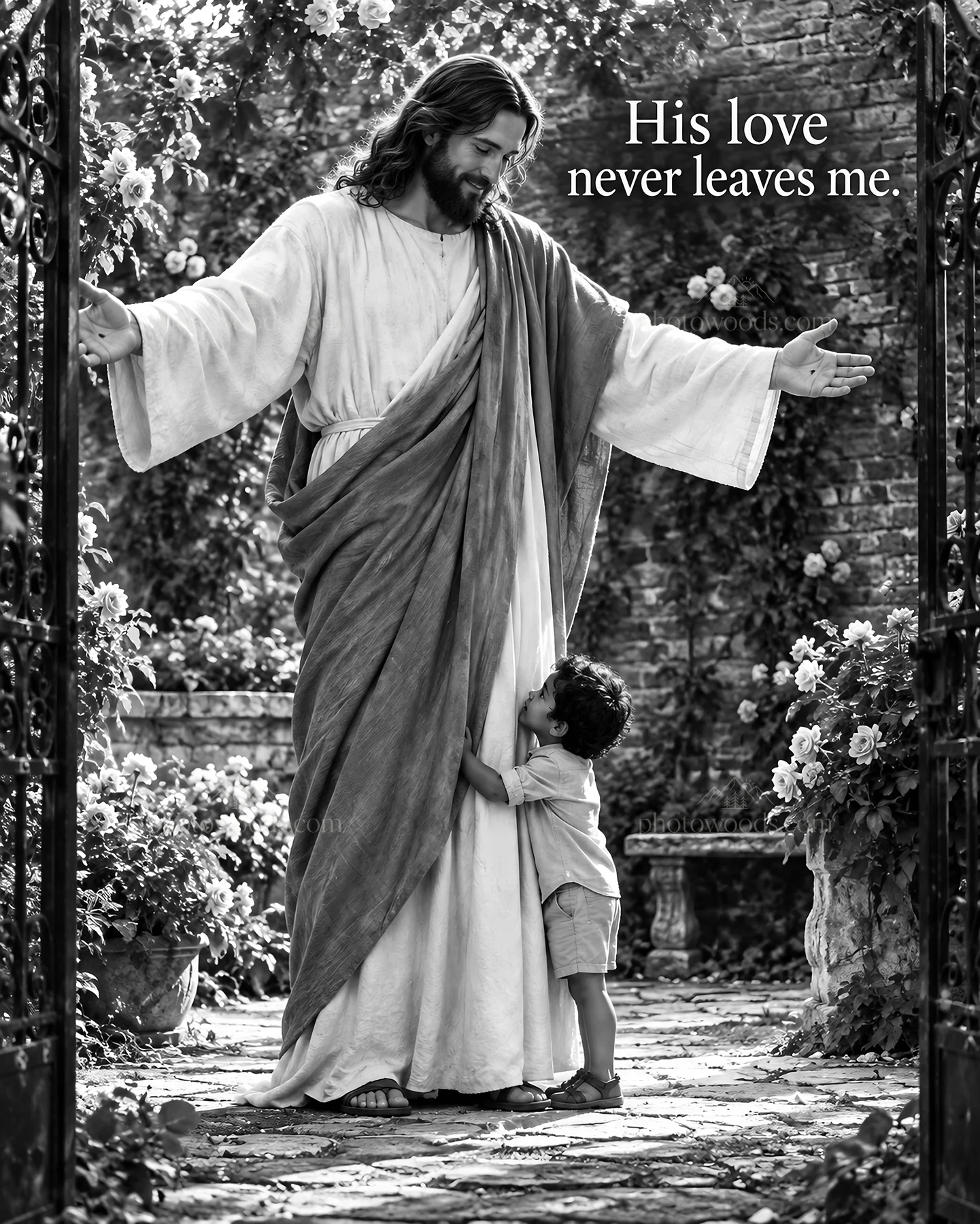 Jesus Christ embracing a child in a garden - AI-generated stock image