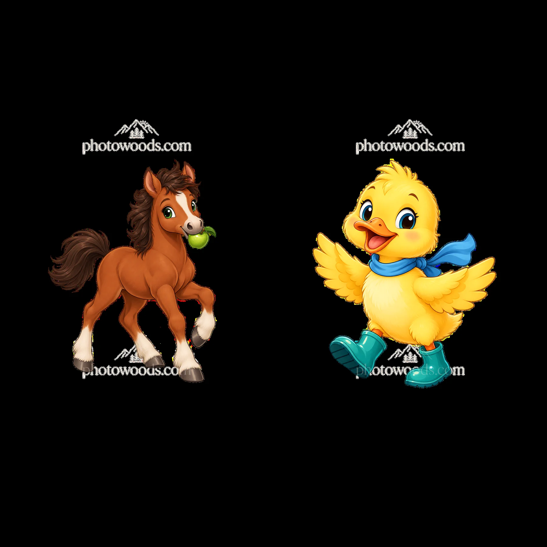 Cute horse and duck cartoon stickers for farm theme - AI-generated stock image