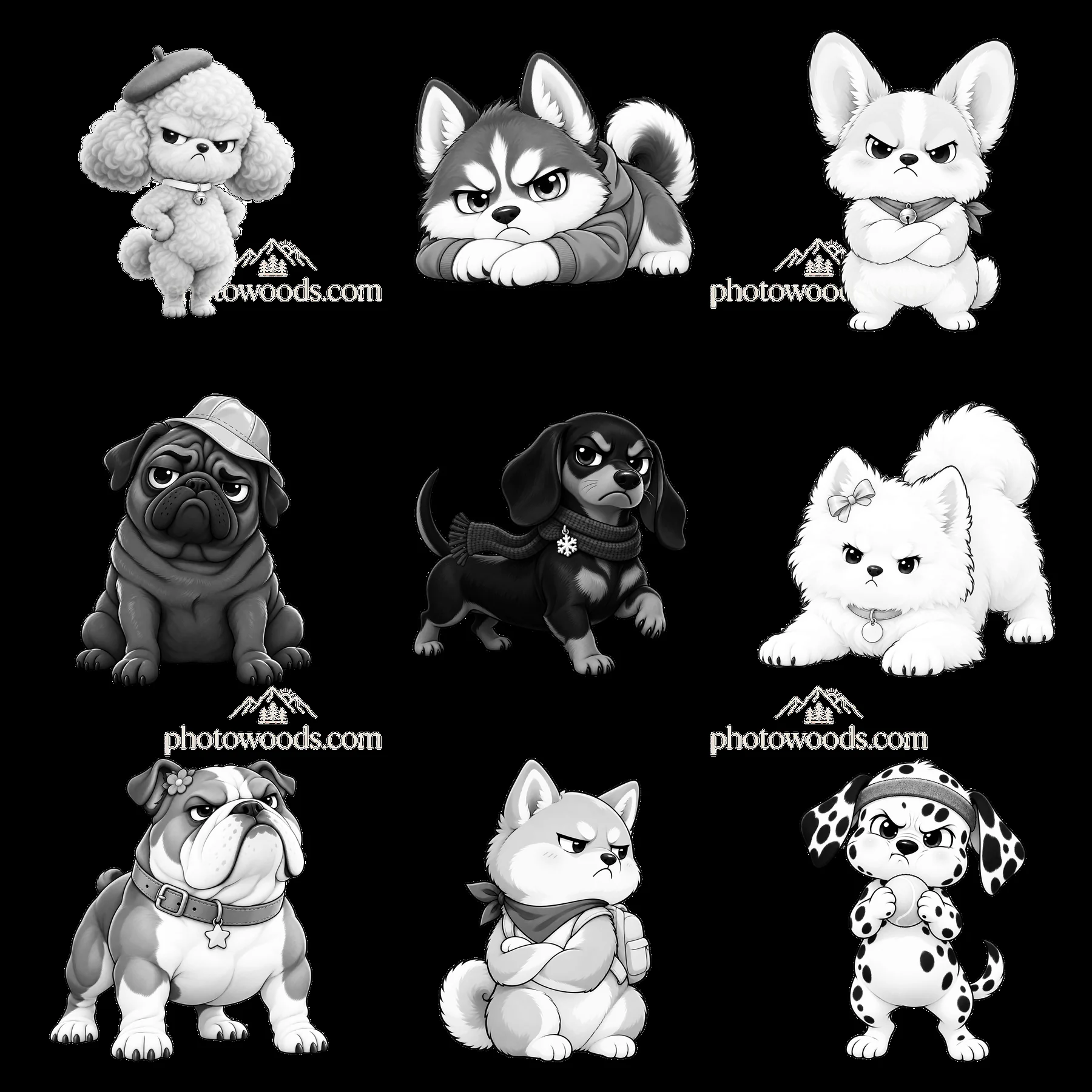 Kawaii grumpy dog stickers in a 3x3 monochrome layout - AI-generated stock image