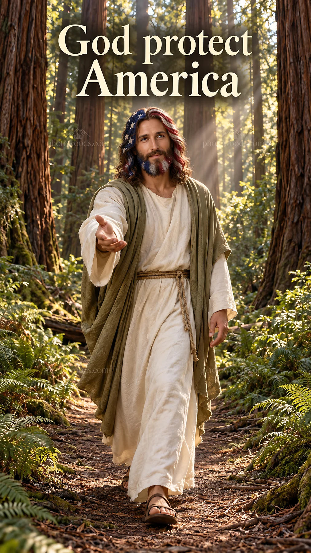 Jesus Christ walking in a forest offering help - AI-generated stock image