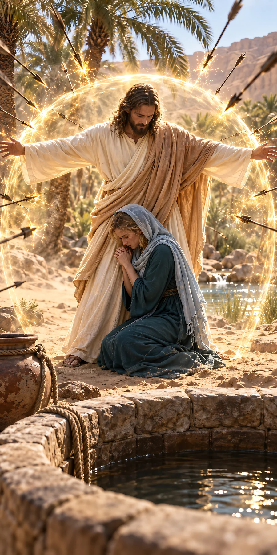Jesus Christ comforting a woman in a desert setting - AI-generated stock image
