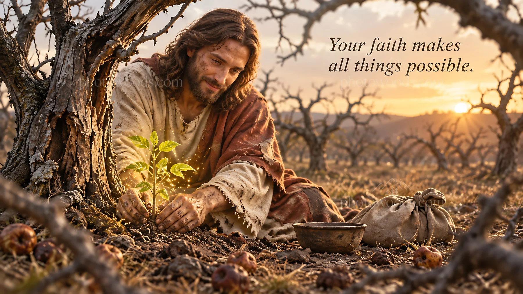 Jesus Christ planting a seed in the field - AI-generated stock image