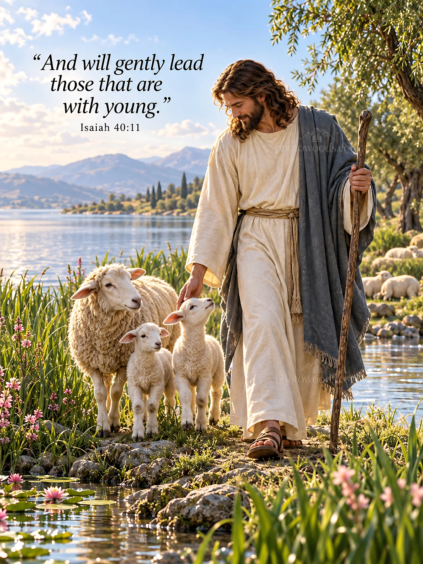 Jesus Christ gently leads sheep near a tranquil river - AI-generated stock image