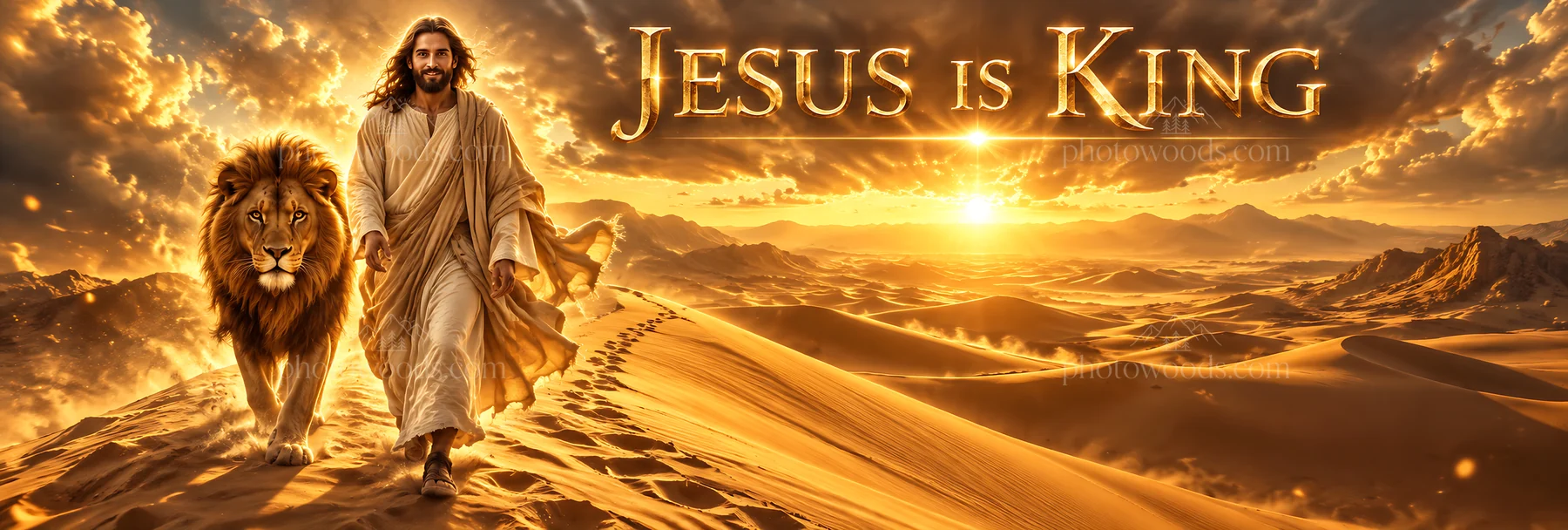 Jesus Christ walking with a lion in a desert landscape - AI-generated stock image