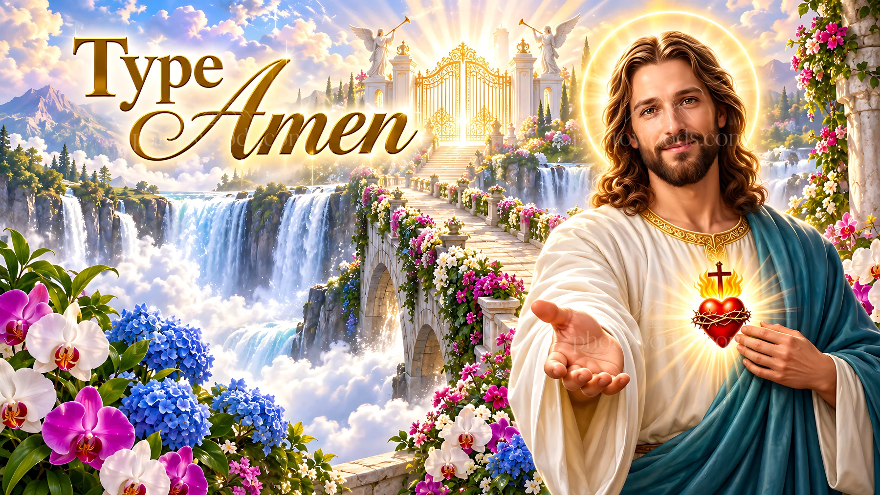 Waterfall of Grace with a figure offering a heart - AI-generated stock image