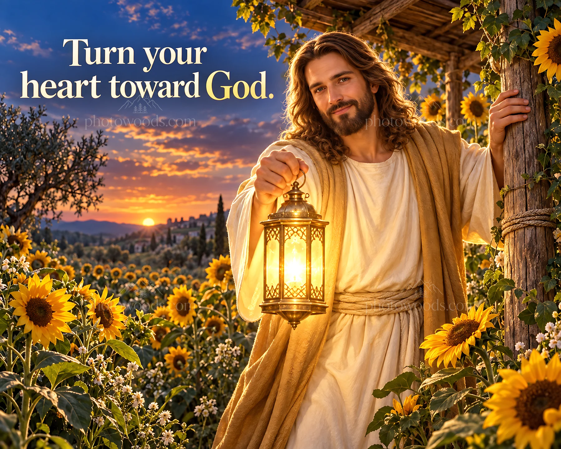Jesus Christ inviting viewers to turn their hearts toward God - AI-generated stock image