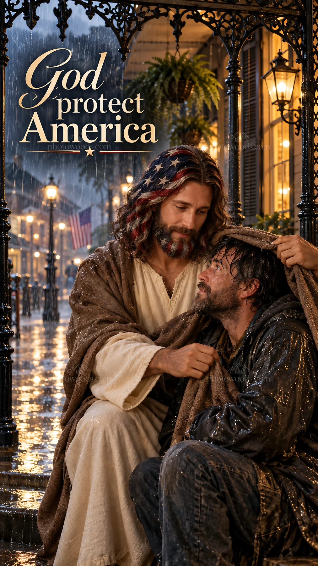 Jesus Christ comforting a suffering man on a rainy street - AI-generated stock image