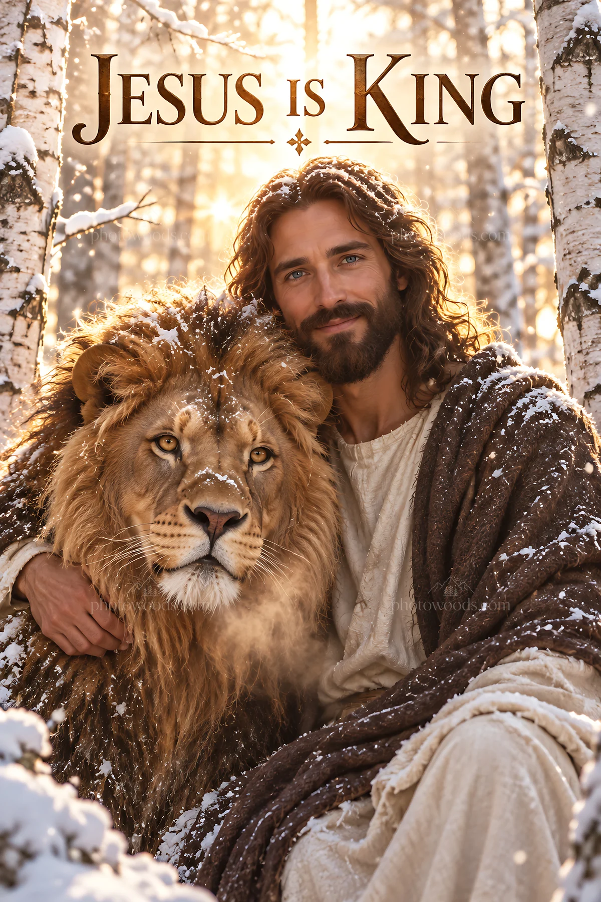 Jesus Christ sitting with a lion in a snowy forest - AI-generated stock image
