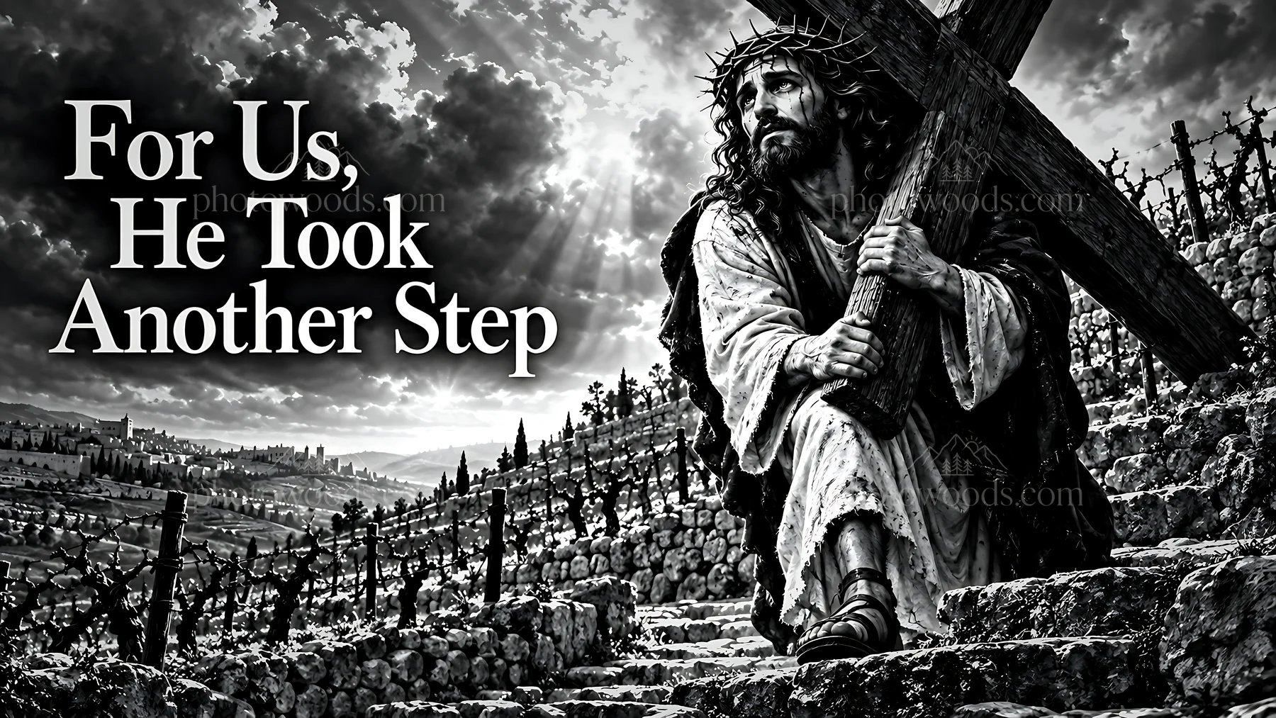 Man carries cross up a hill in a dramatic scene - AI-generated stock image
