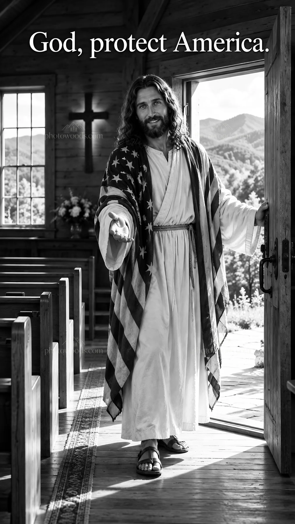 Jesus Christ welcoming in a church with an American flag - AI-generated stock image