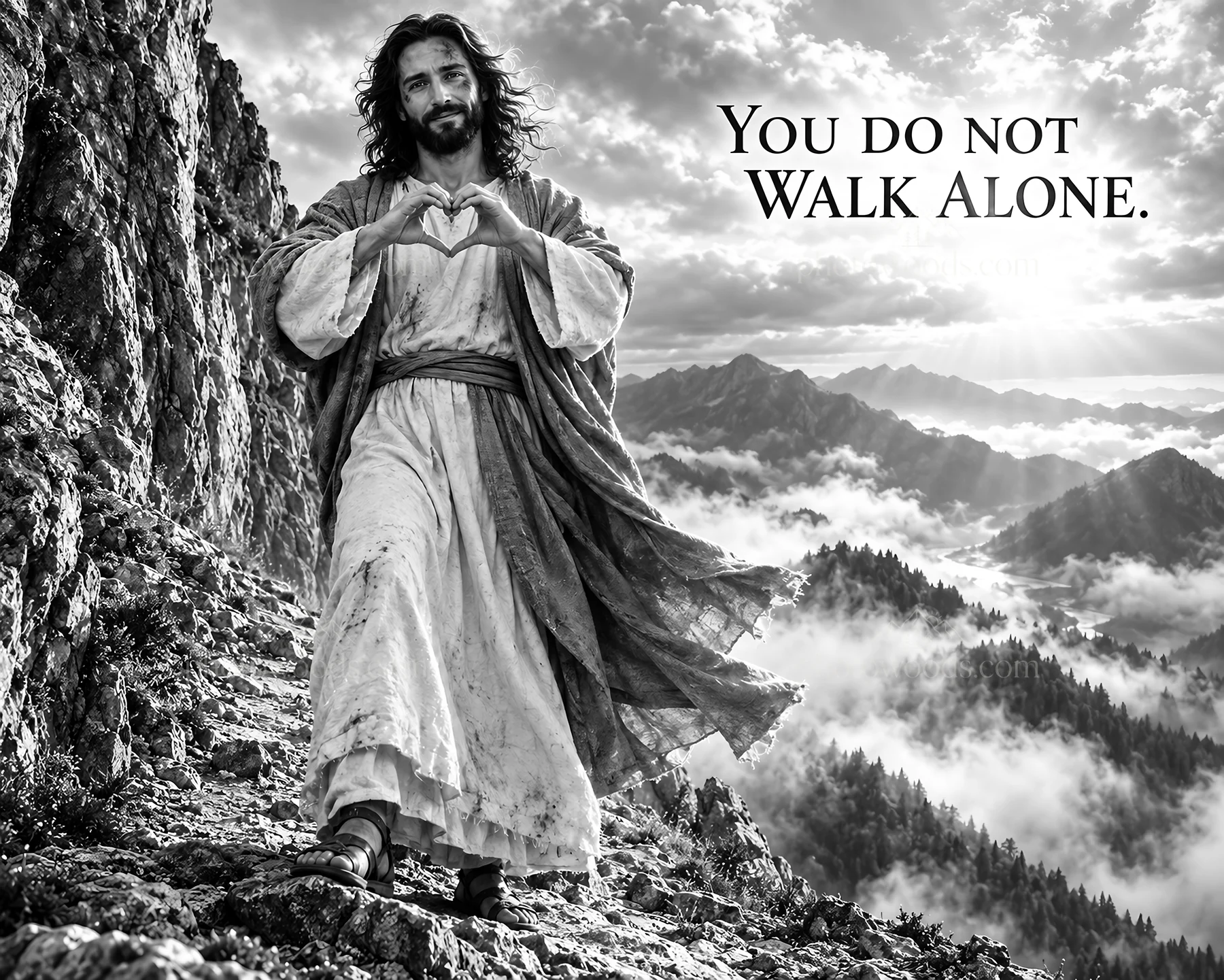 Jesus Christ walking on a mountain path with open arms - AI-generated stock image