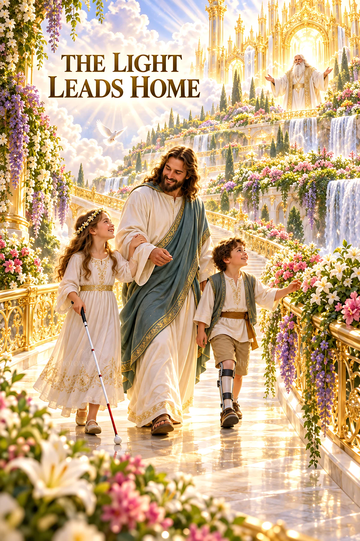 Jesus Christ walking with children in a bright landscape - AI-generated stock image