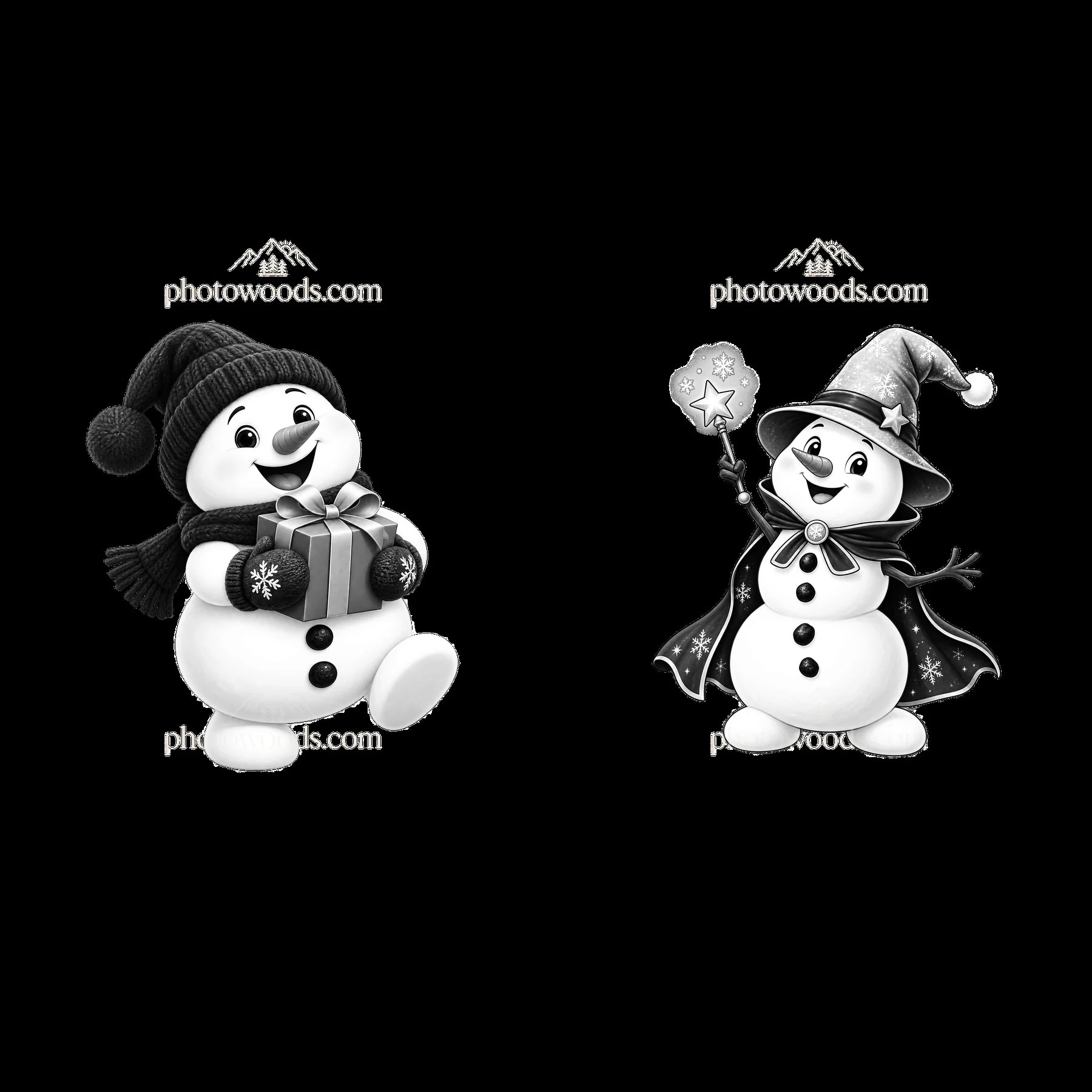 Two cartoon snowmen with gifts and magic wand for Christmas - AI-generated stock image