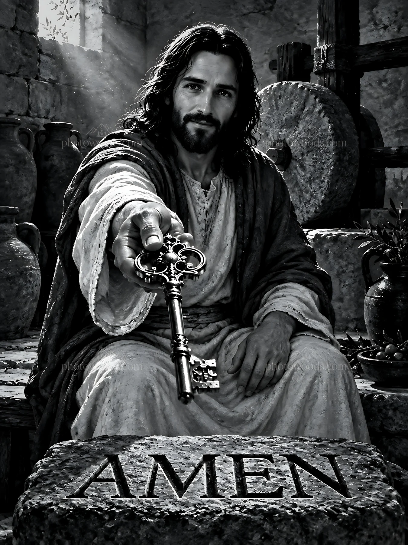 Man holding a key in a historic setting with a stone saying Amen - AI-generated stock image
