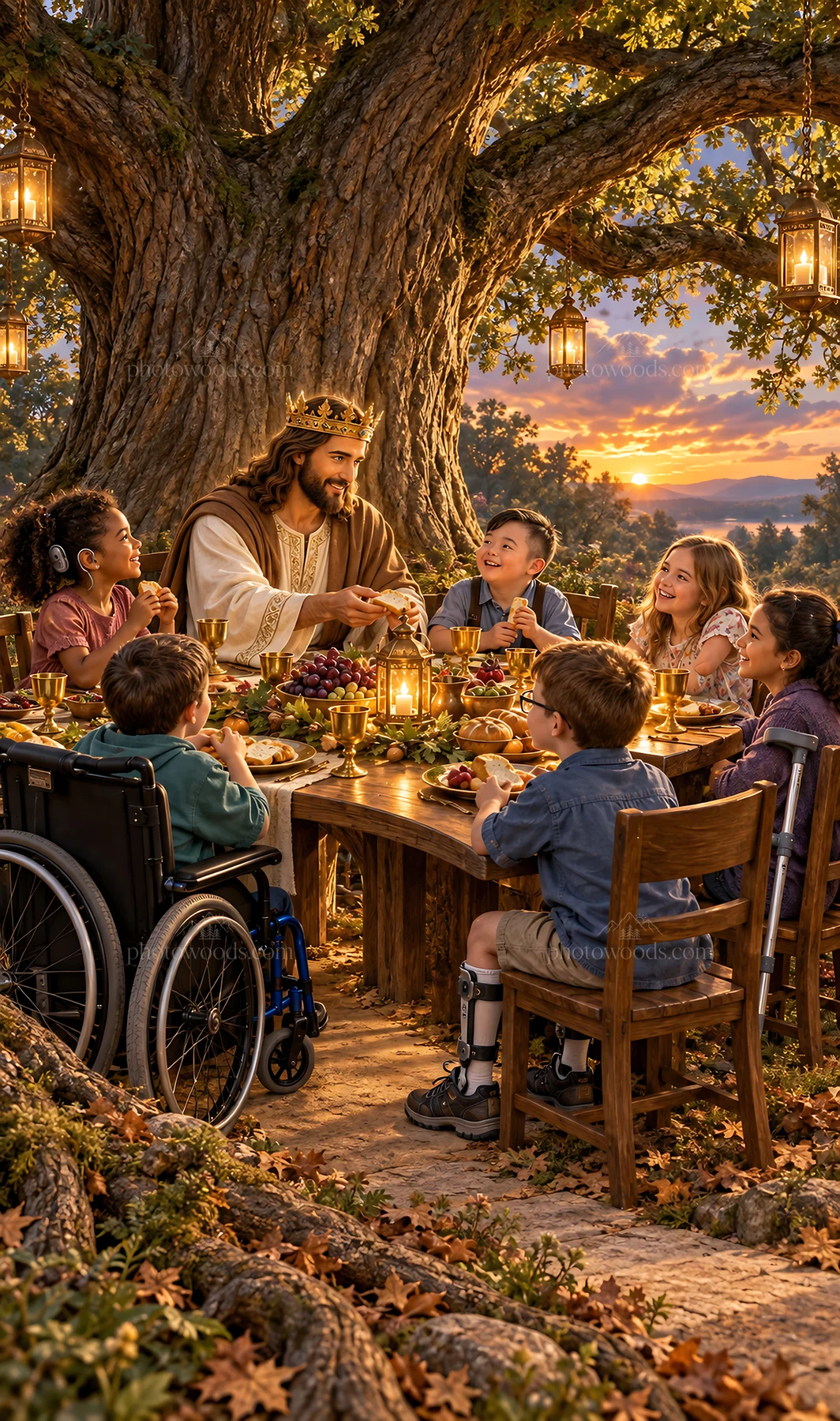 Jesus Christ sharing a meal with children under an oak tree - AI-generated stock image