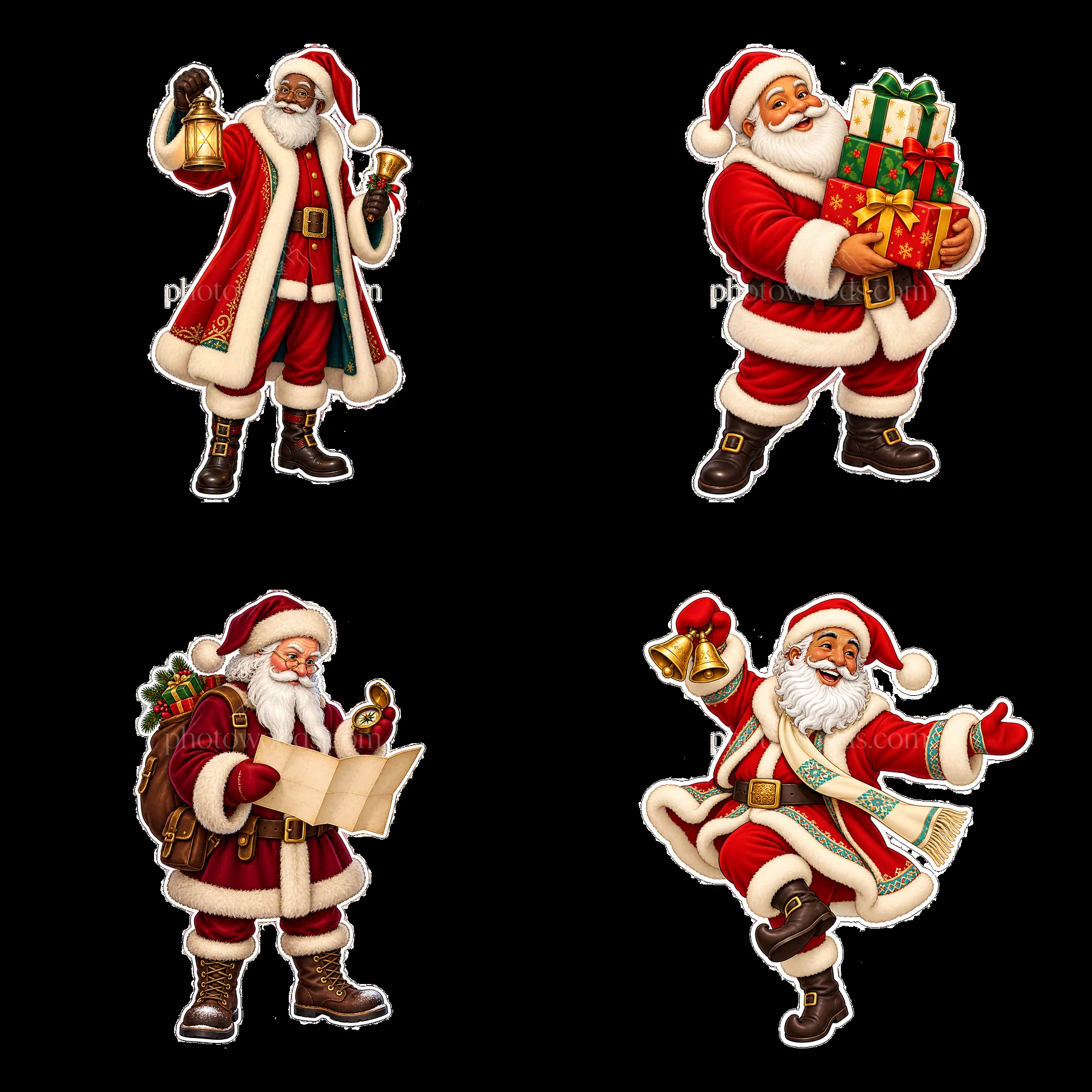 Santa Claus characters with gifts, maps, and festive items - AI-generated stock image