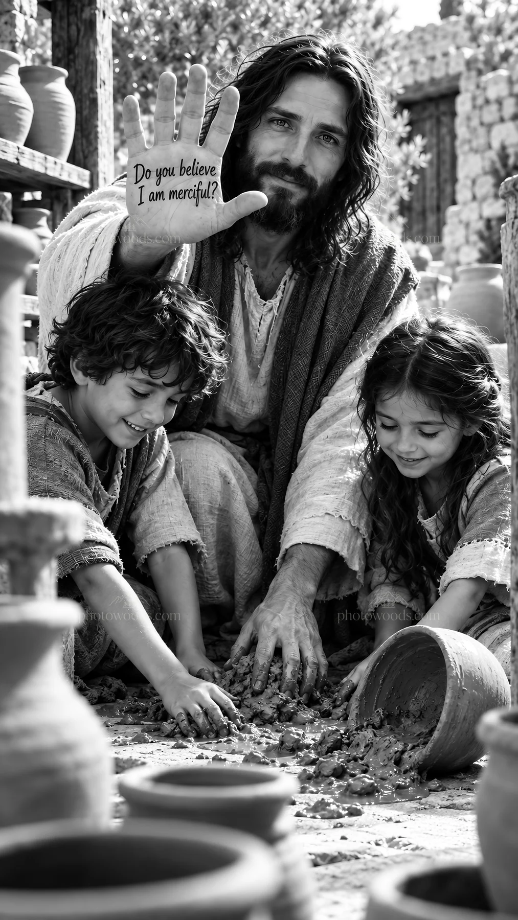 Jesus Christ sharing love with children in a pottery scene - AI-generated stock image