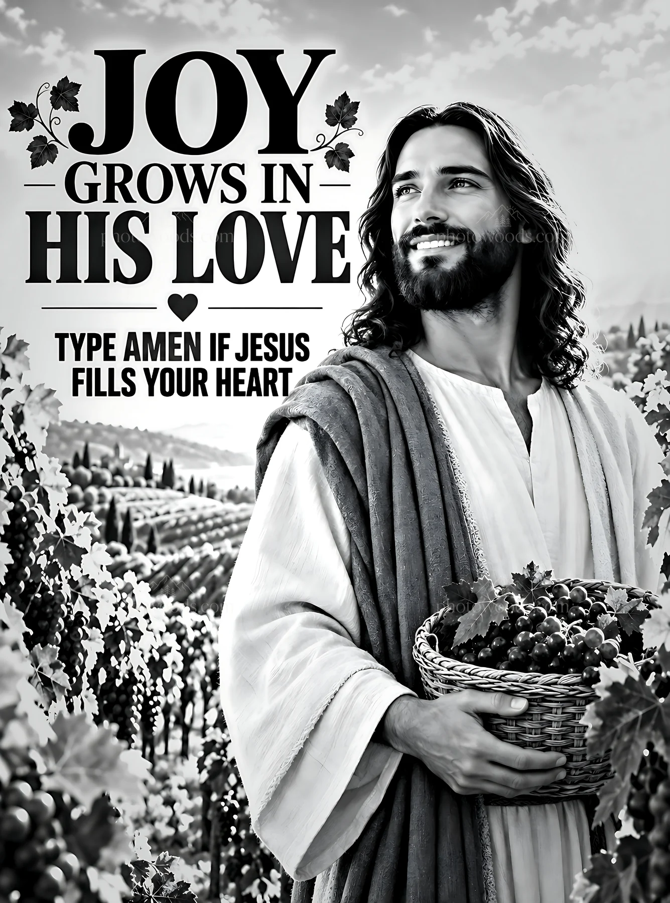 Joy in the vineyard with a man holding a basket of grapes - AI-generated stock image