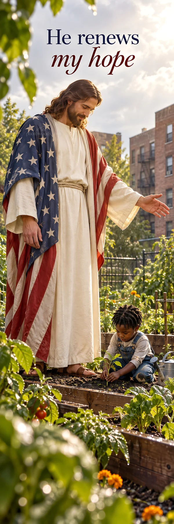 Jesus Christ in a garden renewing hope with a young child - AI-generated stock image