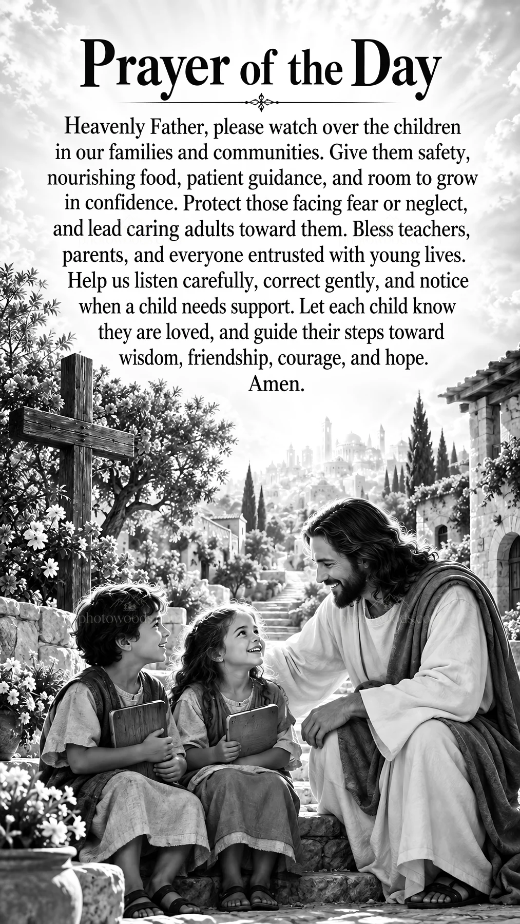 Jesus Christ teaching children about care and compassion - AI-generated stock image