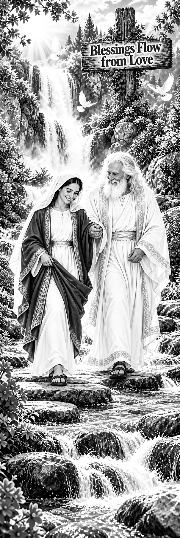 Jesus Christ walking with a woman by the flowing river - AI-generated stock image