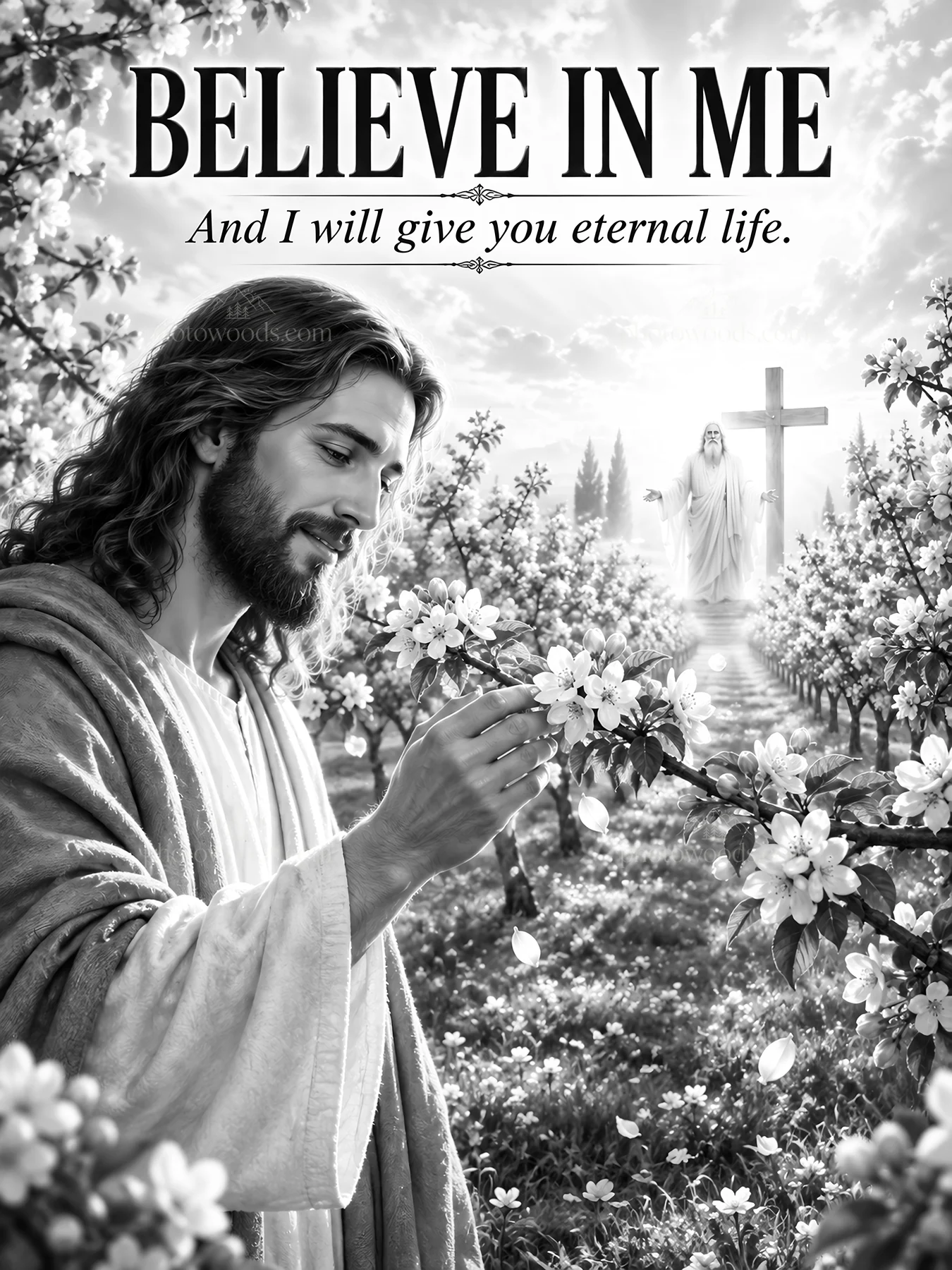 Jesus Christ tending to flowers in a garden scene - AI-generated stock image