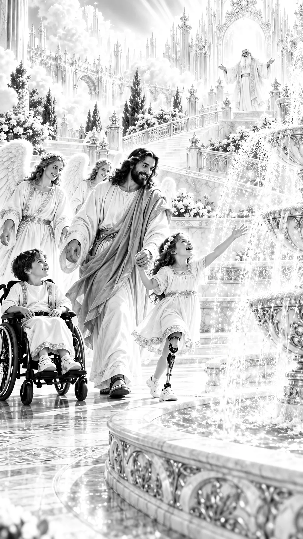 Jesus Christ guiding children in a joyful scene - AI-generated stock image